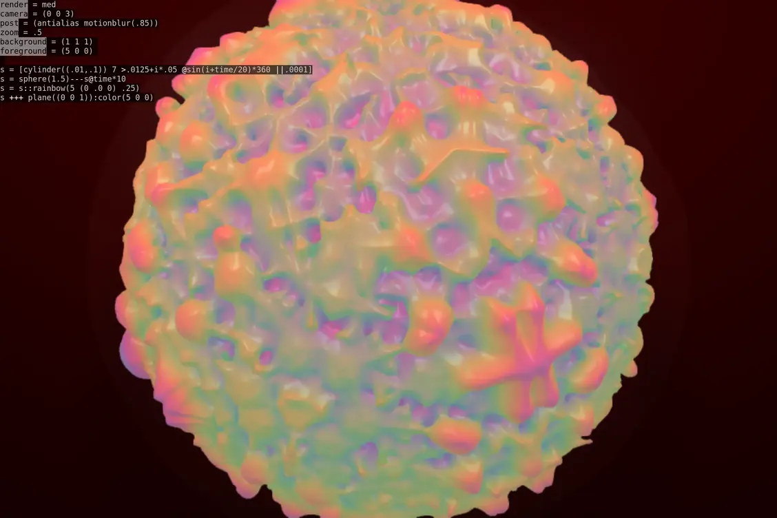 a mirrored structure of cylinders tryign to poke through a rainbow ball in screamer.