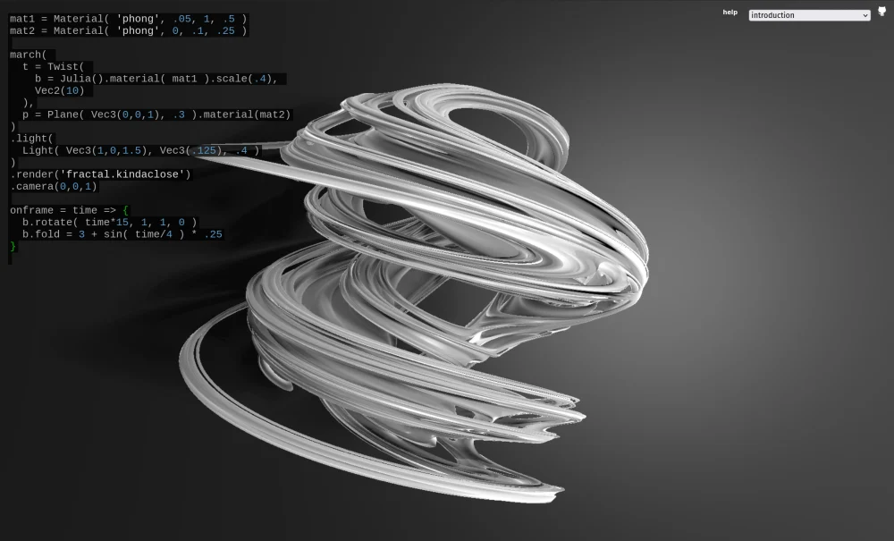 a white julia fractal being run through a twisting operation in marching.js